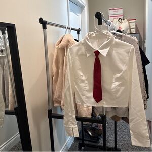 White Cropped Shirt with Red Tie